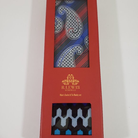 Robert Lewis Blue Neck Tie Hanky Socks Box 3 Set - Picture 7 of 8